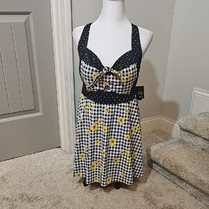 Torrid Roxy Dot Daisy Gingham Swim Dress in Black, White & Yellow
